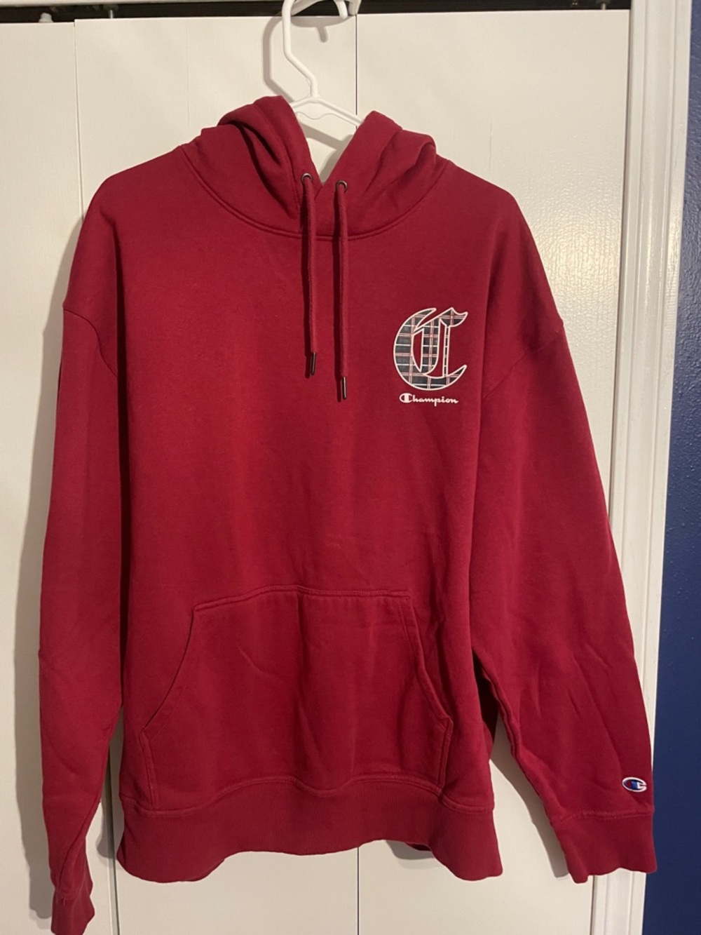 Champion Red Crewneck Hoodie with Script 'C' Chest Logo